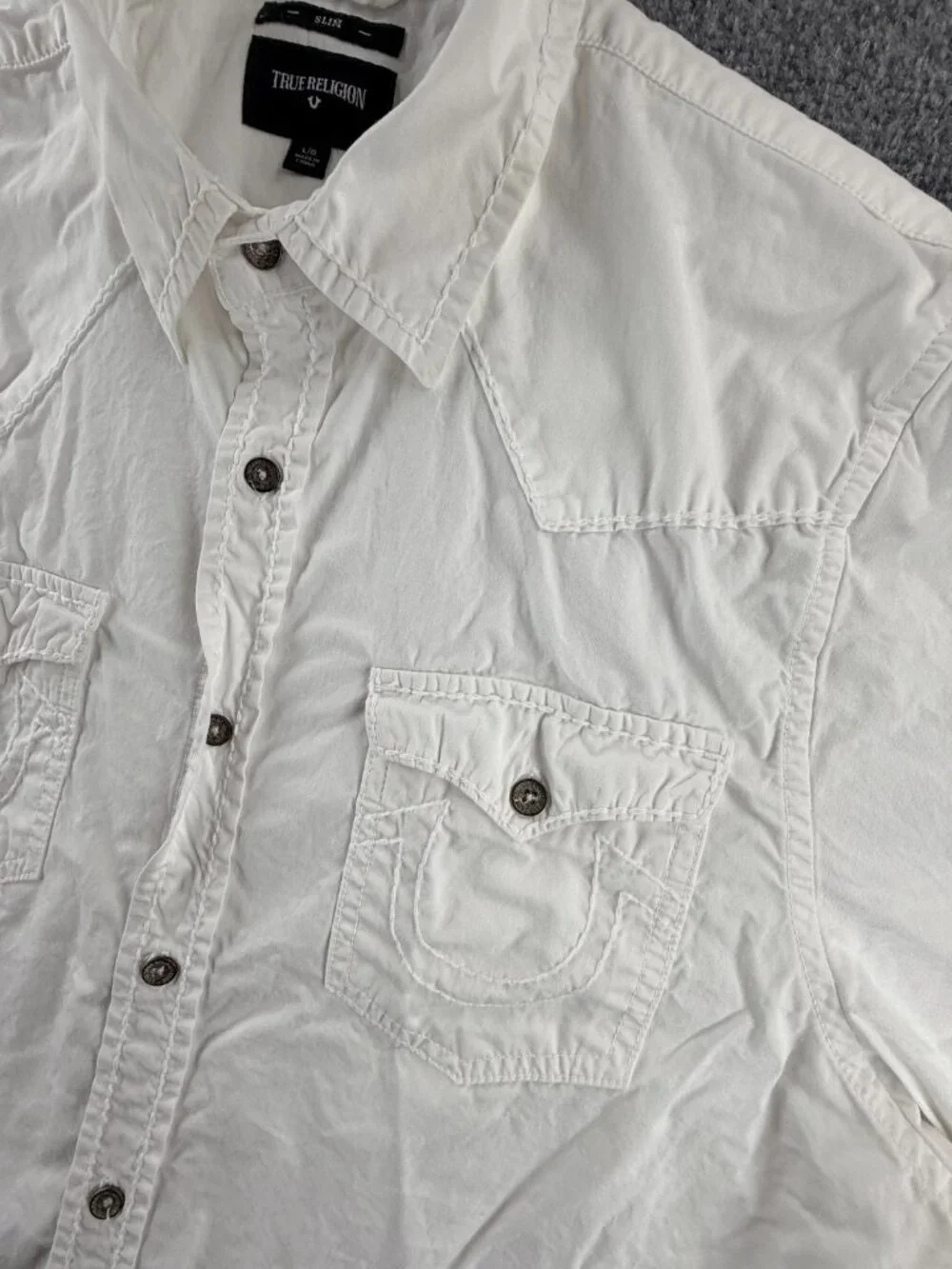 True Religion White Button Up Shirt Men Long Sleeve Large Slim Fit Pockets Urban